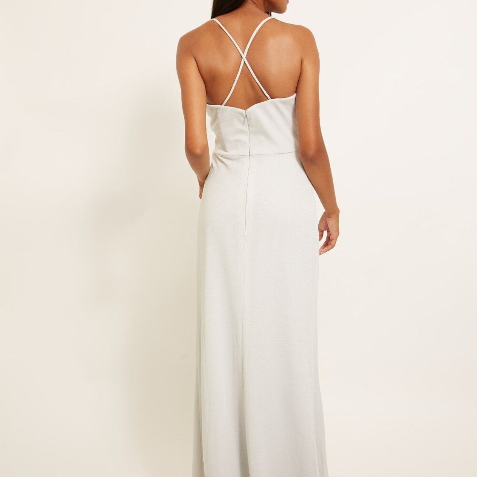 Grey/Silver Glitter Knit Formal Evening Gown Ruching & Slit Bari Jay 2311