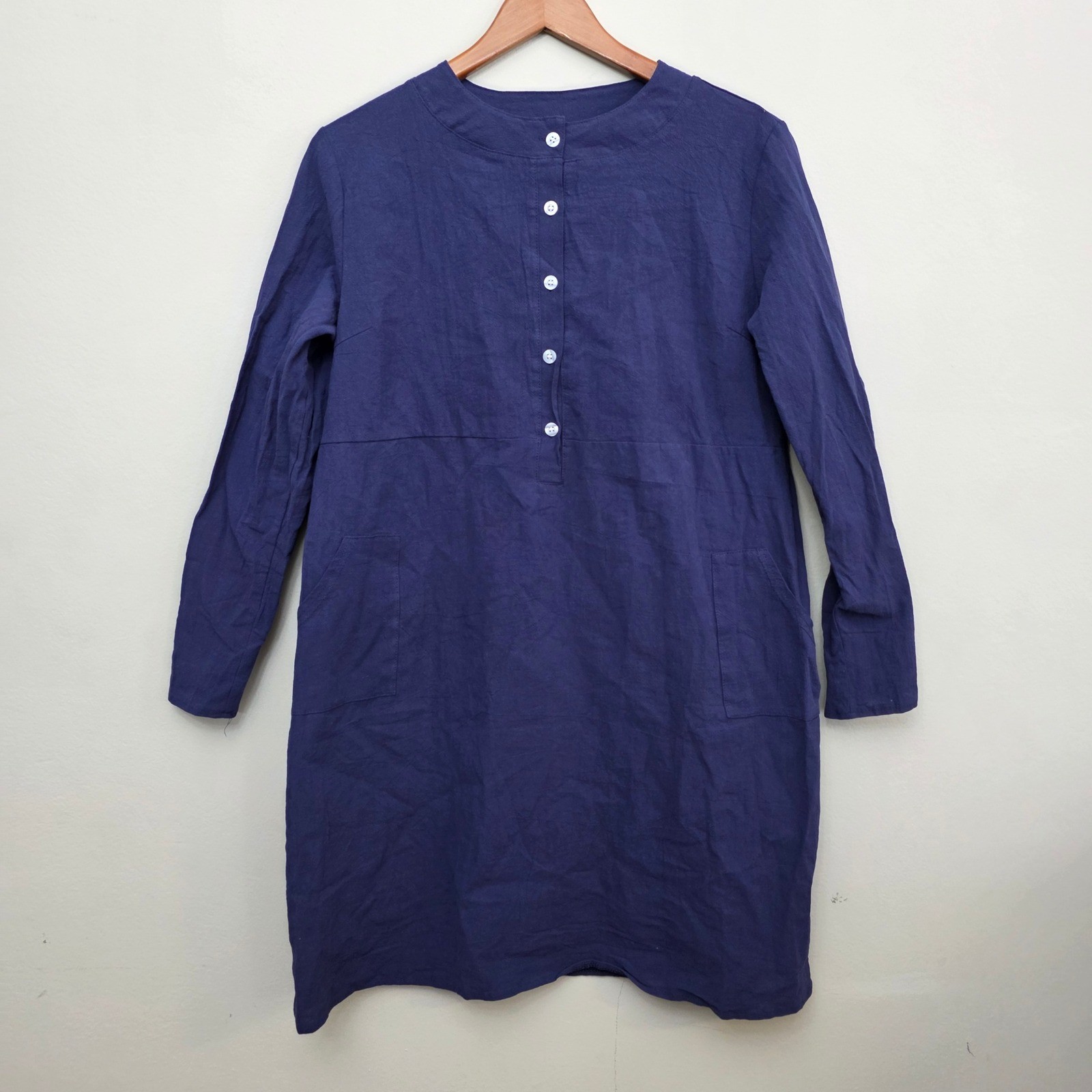 Navy Blue Henley Shift Dress Long Sleeve Cotton Blend Pockets XXL