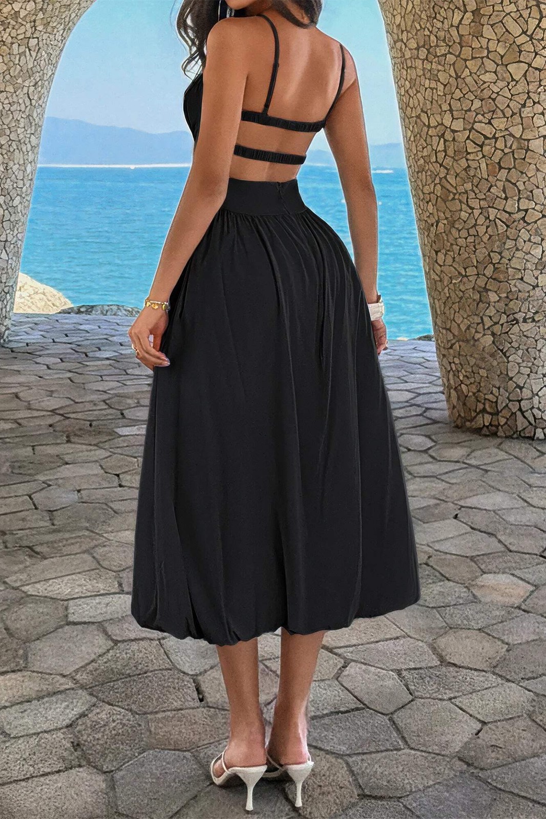 Women’s Square Neck Sleeveless Ruched Bust A-Line Midi Dress Open Back