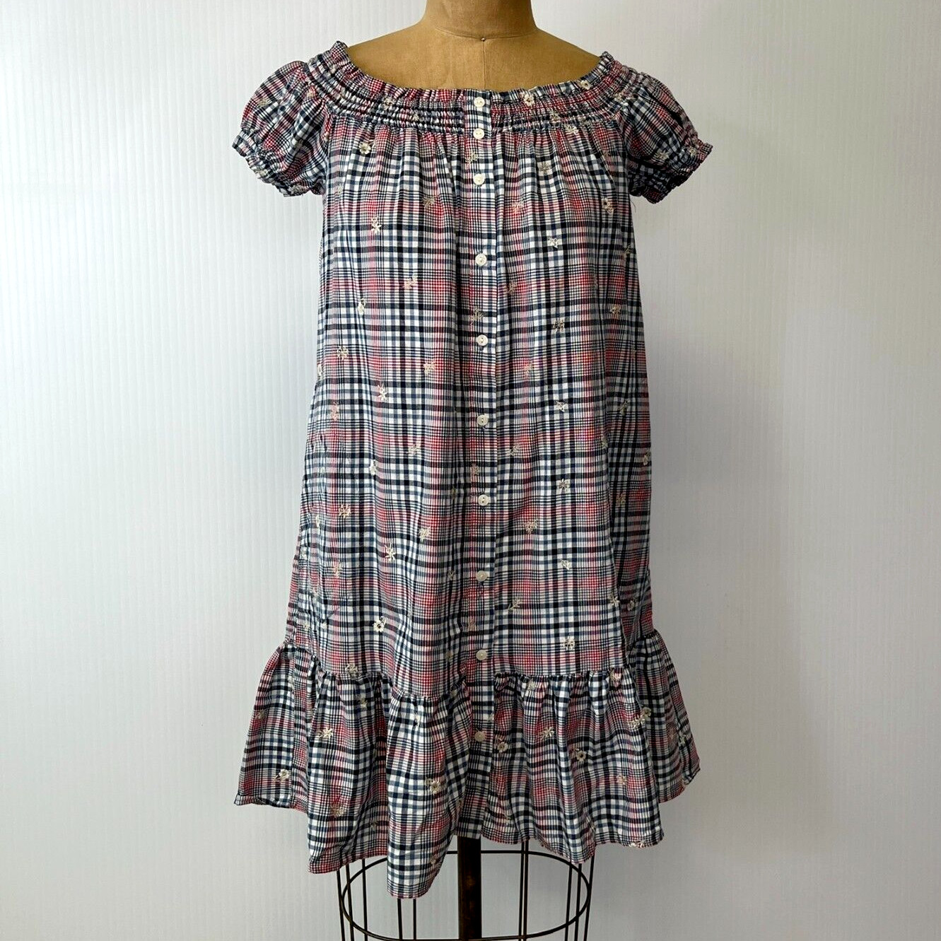 Anthropologie Dress Women Extra Small Plaid Floral Pocket Ruffle Prairie Boho No
