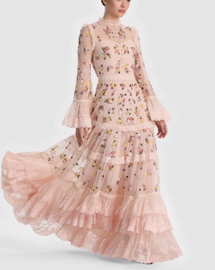 Alice + Olivia Allegra Embellished Lace Maxi Gown Pale Pink NWT US 2 $1695