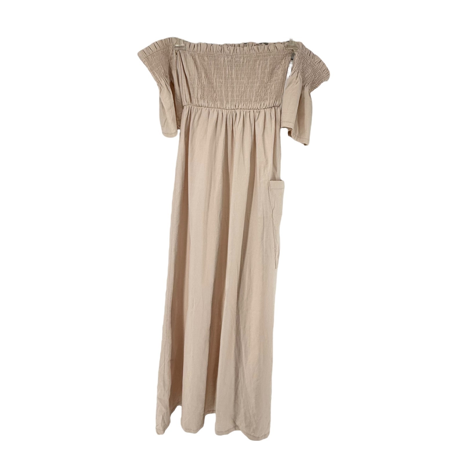 Smocked Maxi Dress L Linen Blend Off The Shoulder Lagenlook Light Taupe Venti6