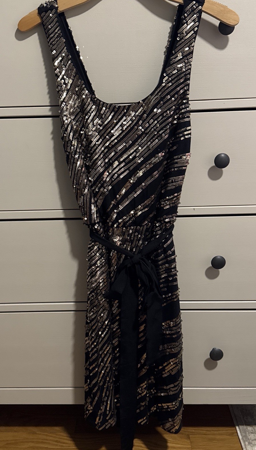 Express Black Gold Sequin Midi Dress Deep V Open Back Satin Belt Size Small