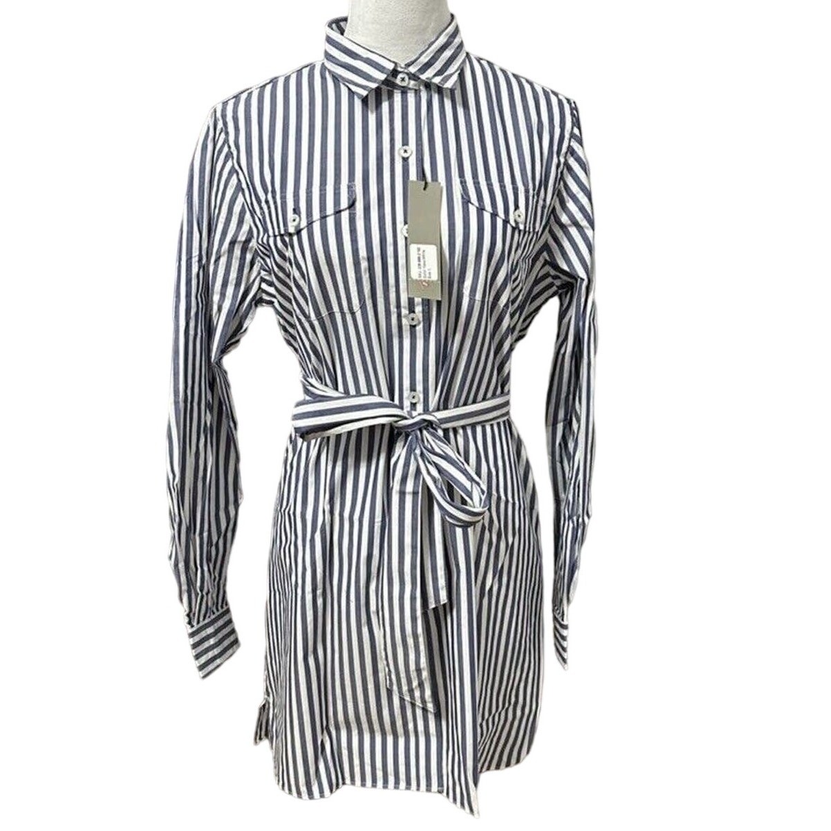 Pennington & Bailes Womens Shirt Dress Navy Striped Belted Mini Coastal M New