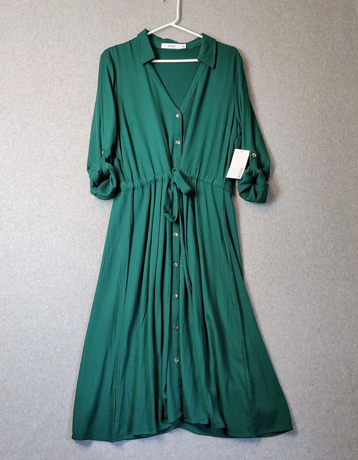 NWT Justfab Green RTS Belted Cinch Waist Button Up Midi Dress Women’s XL