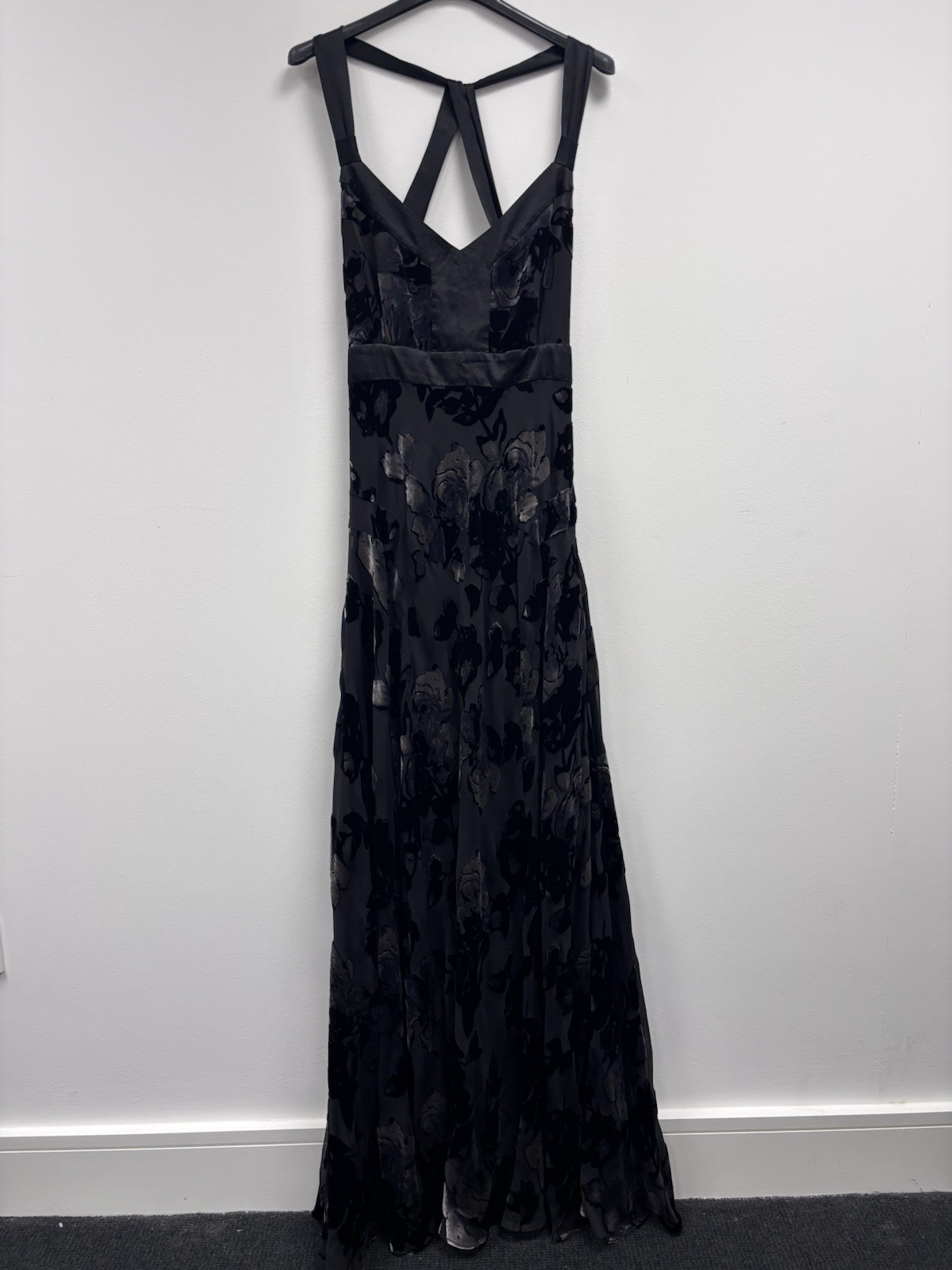 Vintage Y2K Monsoon long maxi dress black silk blend burnout floral velvet UK 14