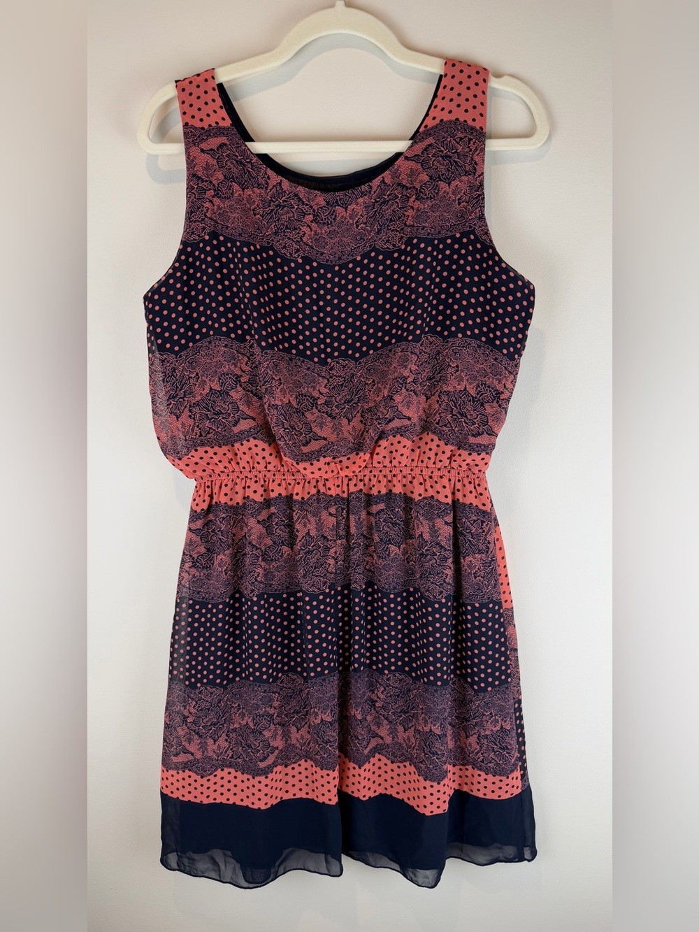 EnFocus Studios Sleeveless Coral & Black Midi Dress Drawstring Waist Size 12