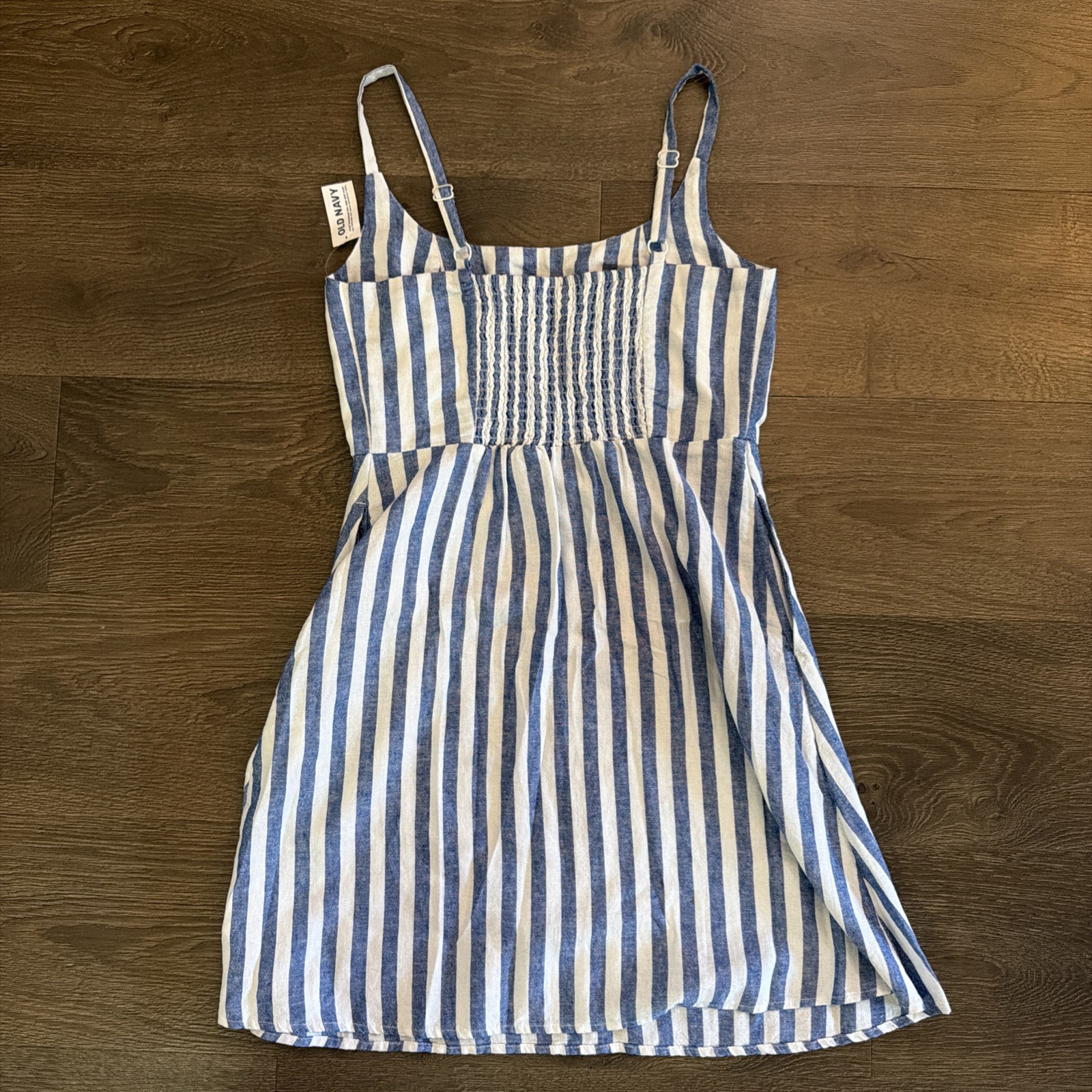 New Old Navy Fit n Flare Smocked Lined Linen Tie & Keyhole Front Mini, White S