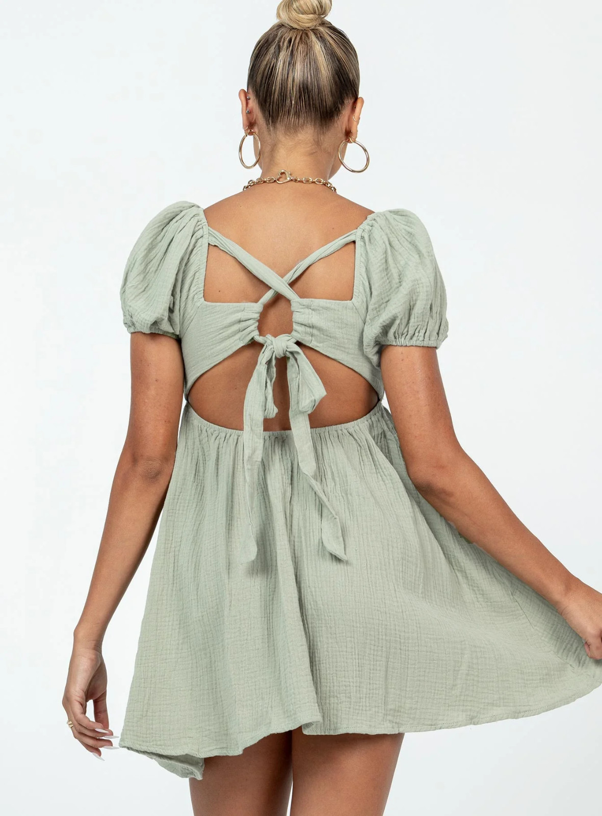 Princess Polly Lets Dance Mini Dress Green Babydoll Puff Sleeve Size 2