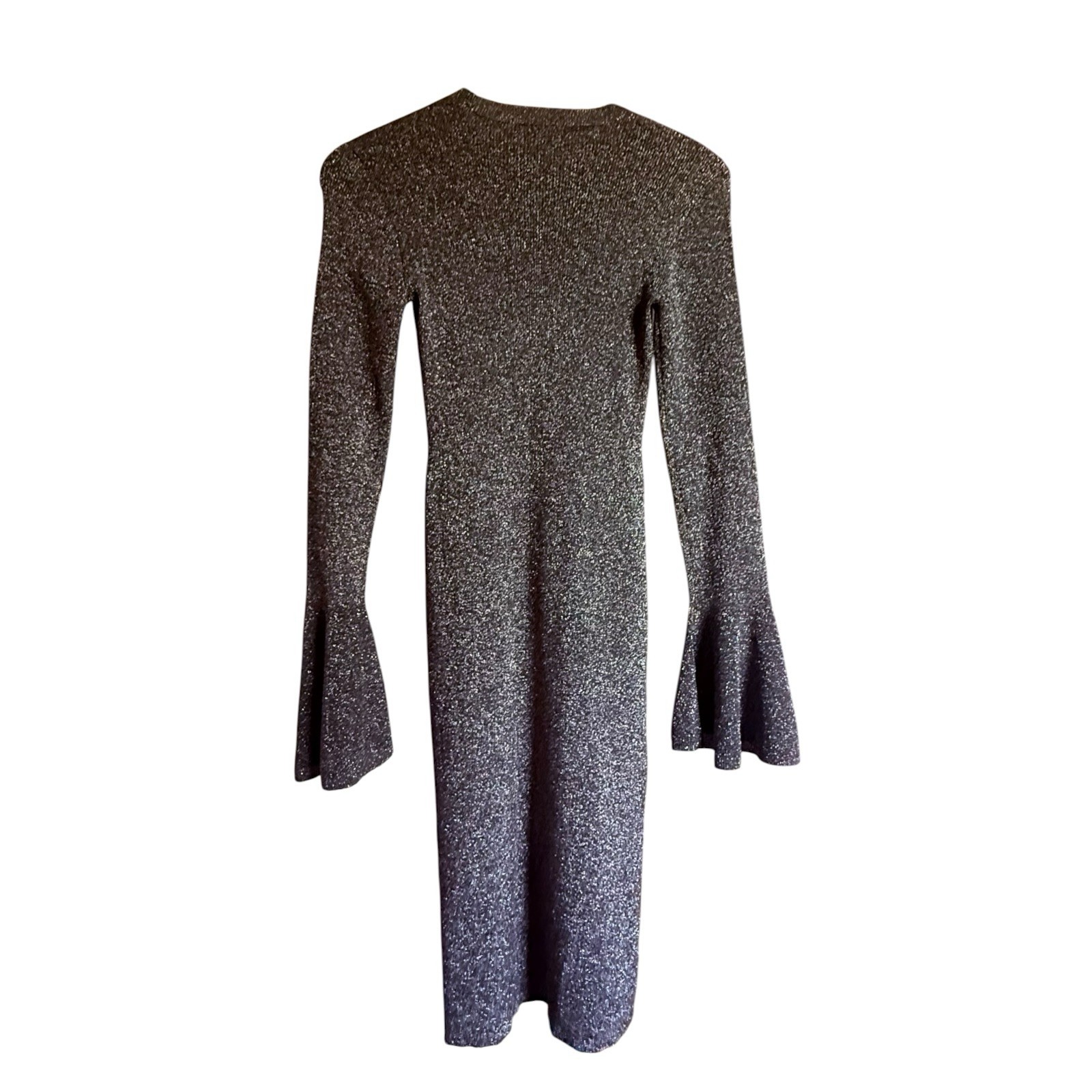 NWT FRAME Godet Lurex Metallic Ribbed Knit Bell Sleeve Midi Dress Size M $498