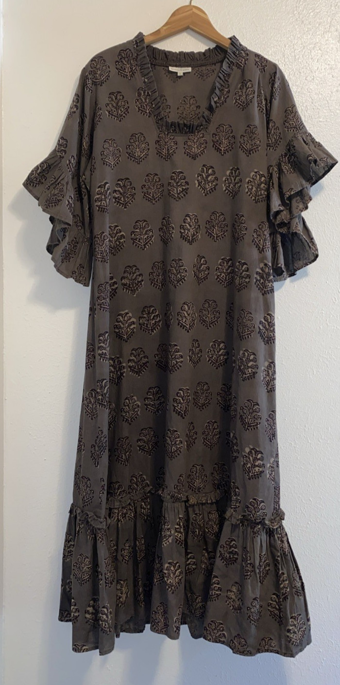 Fitzroy & Willa Brown Cotton Soleil Flutter Sleeve Cottage Maxi Dress Large