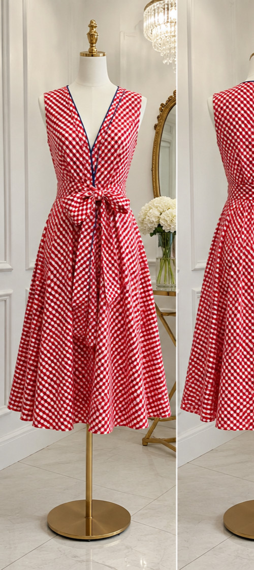 Badgley Mischka Red White Gingham Midi Dress Tie Waist Fit & Flare Cotton NWT