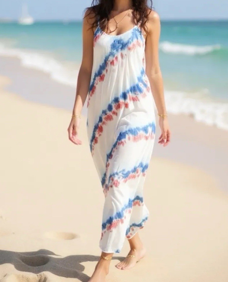 Young Fabulous & Broke Tie Dye Maxi Dress M Red White Blue Beach Resort Cruise
