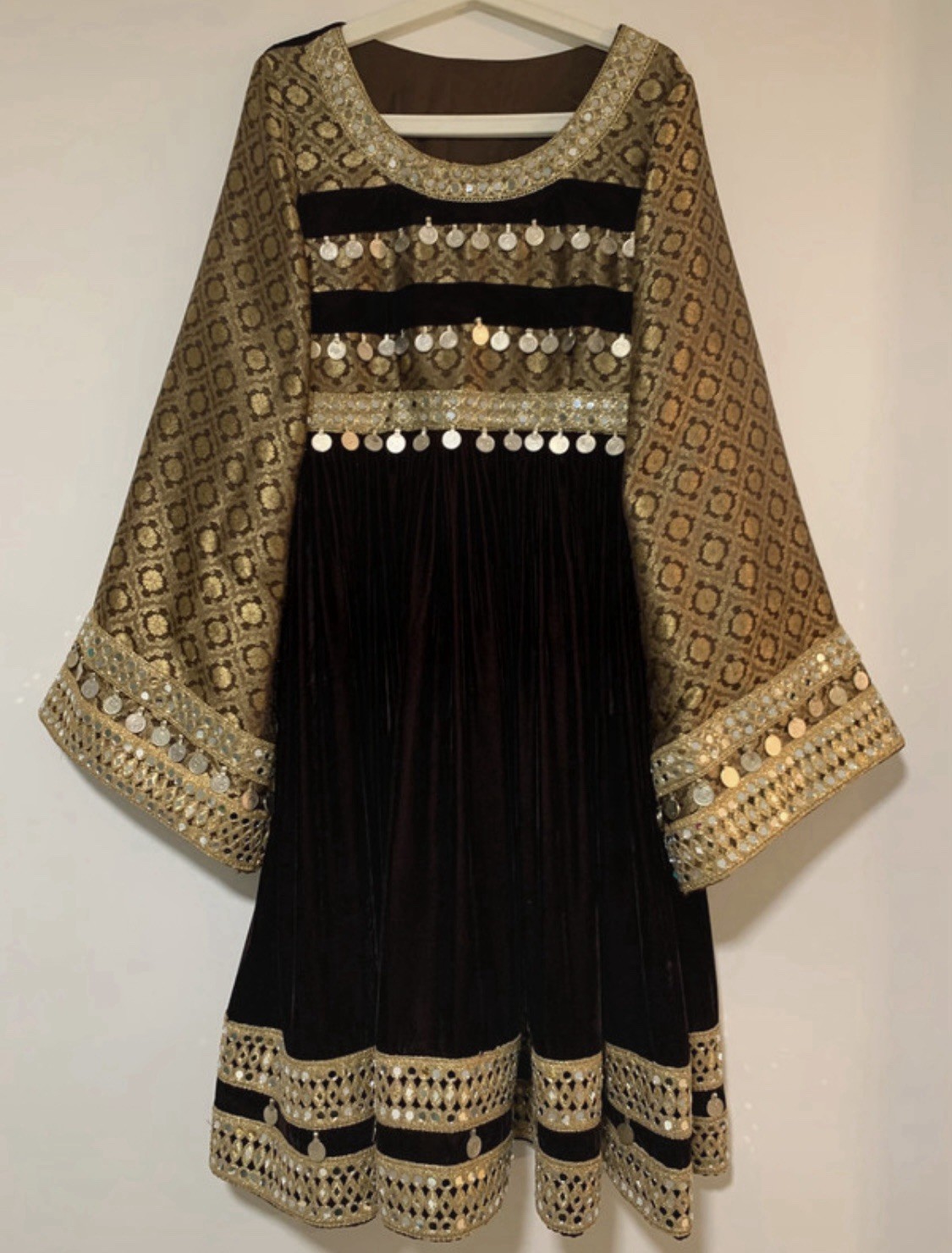 Afghan traditional Dress Women’s brown velvet with banaras sleeves handmade
