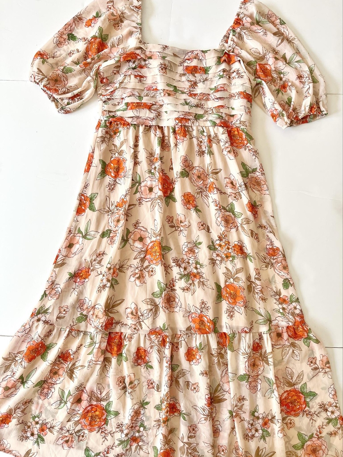 Indigo Rose Dress Womens M Multicolor Floral Smocked Puff Sleeve Midi Sundress