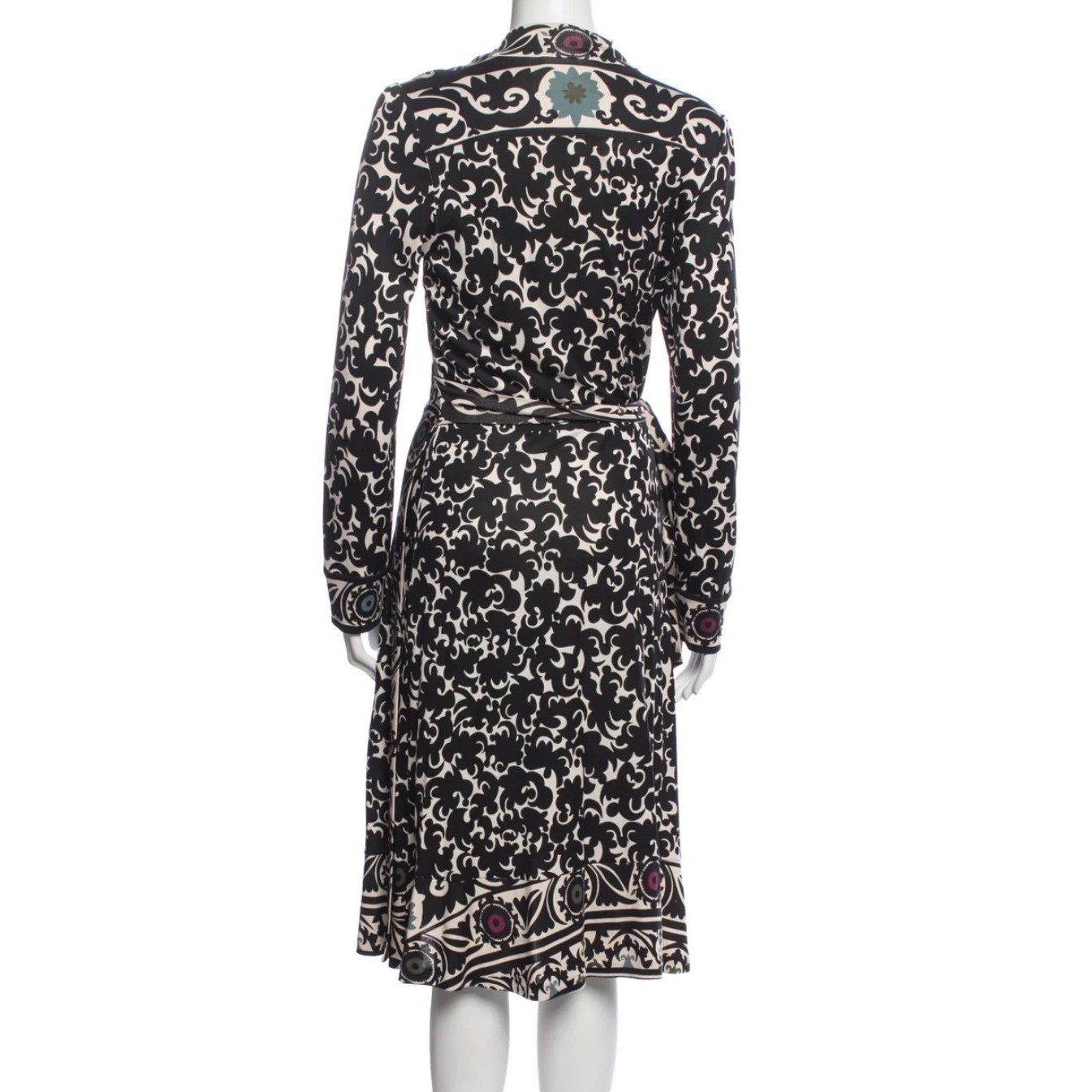 Diane von Furstenberg Julian Silk Jersey Wrap Dress Black Cream Floral Size 12