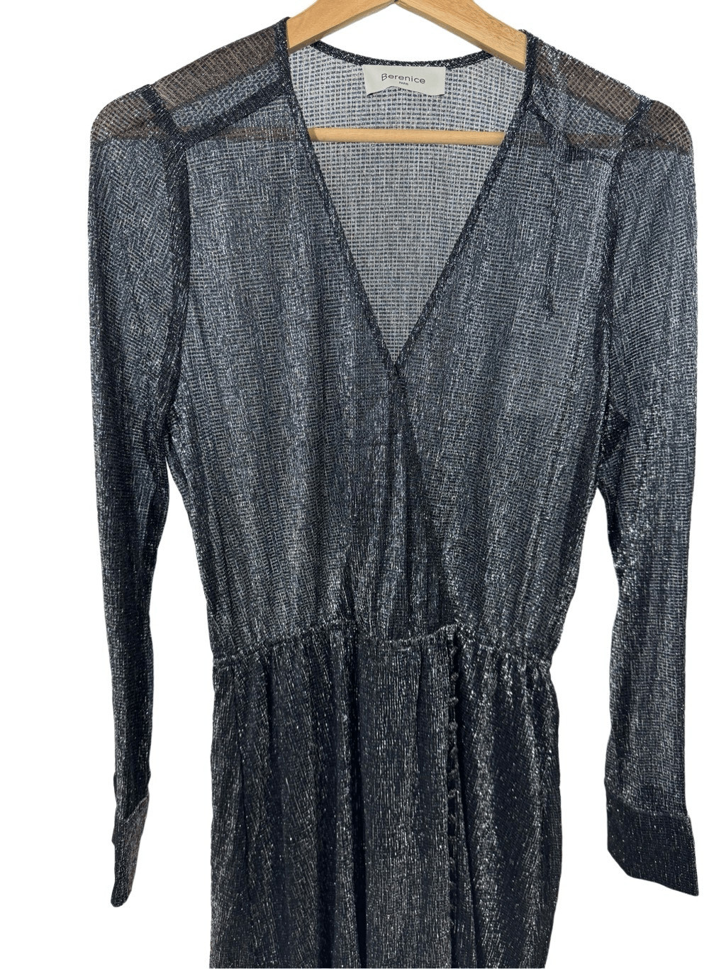 NWT Berenice Metallic Black Long Sleeve Mesh A-line Dress V-neck Ruffle Hem