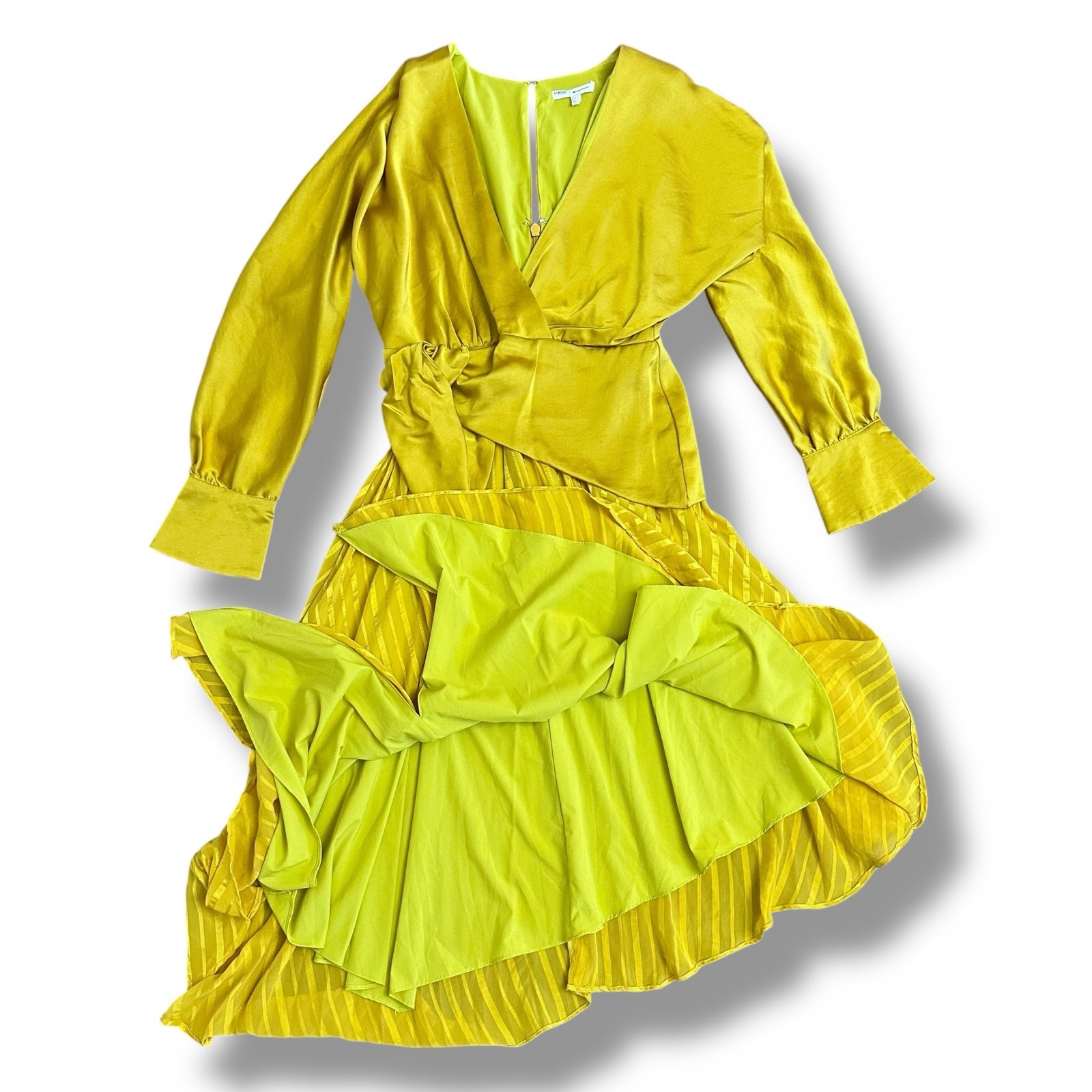 Chartreuse Pleated Wrap Dress Long Sleeve Asym Hem Midi Yellow Women