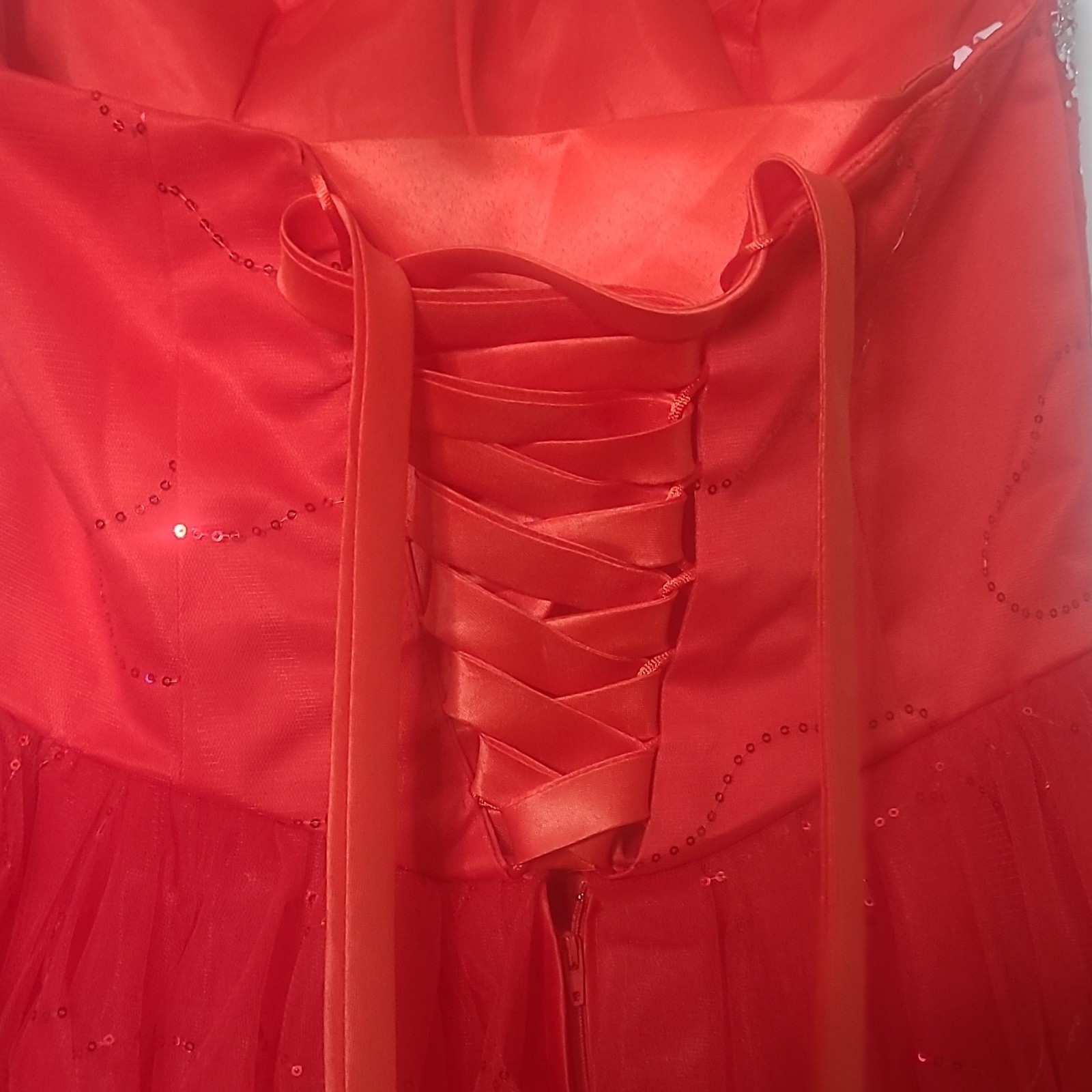 Red Strapless Sweetheart Rhinestone Bow Corset Lace-Up Tulle Long Gown XXL
