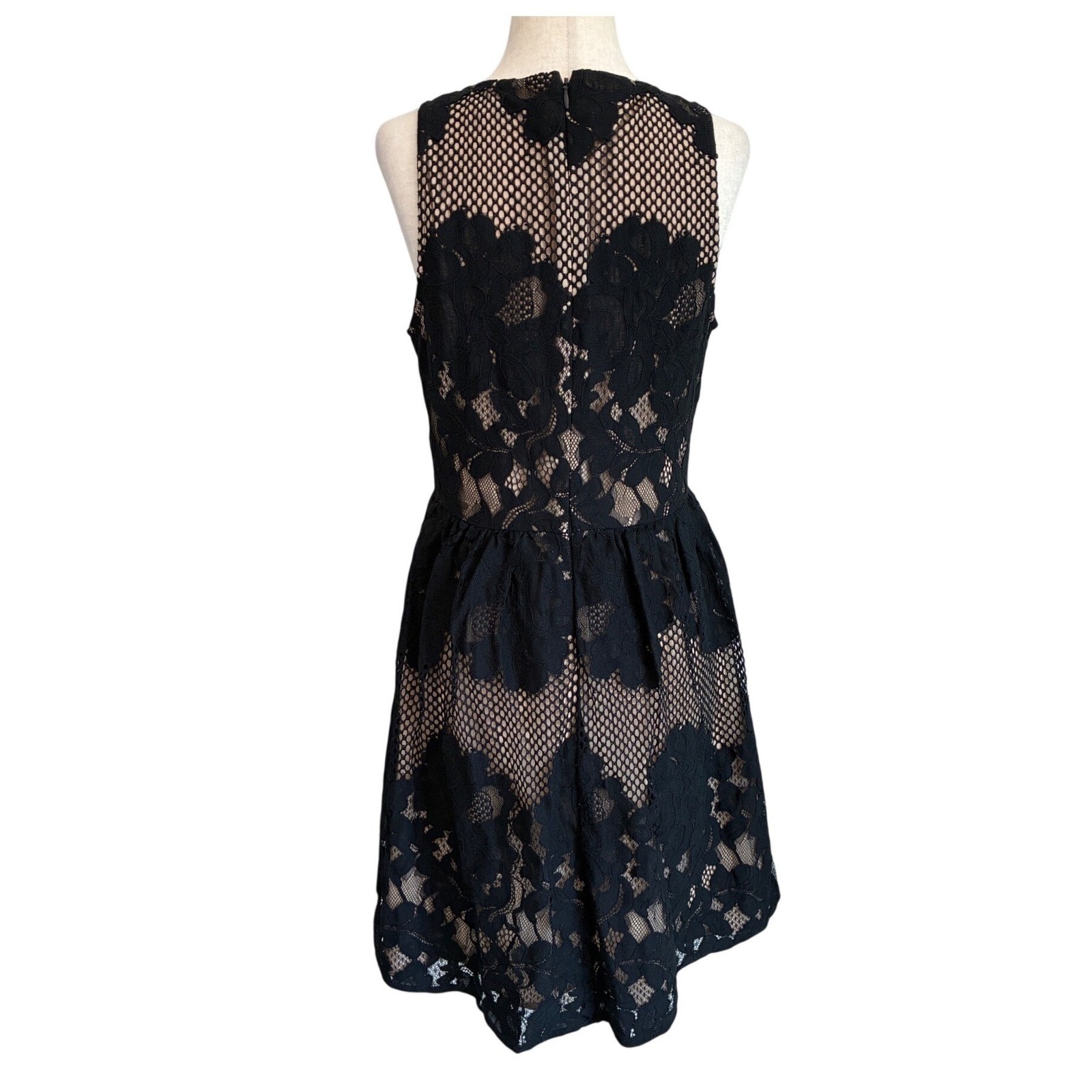 Ali & Jay Black Floral Lace Mesh V-Neck Fit & Flare Mini Dress Nude Lining M