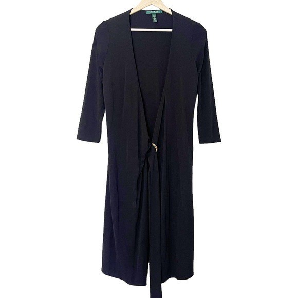 Lauren Ralph Laure Womens Jersey Stretchy Knit Wrap Dress Size 4 Gold Belted