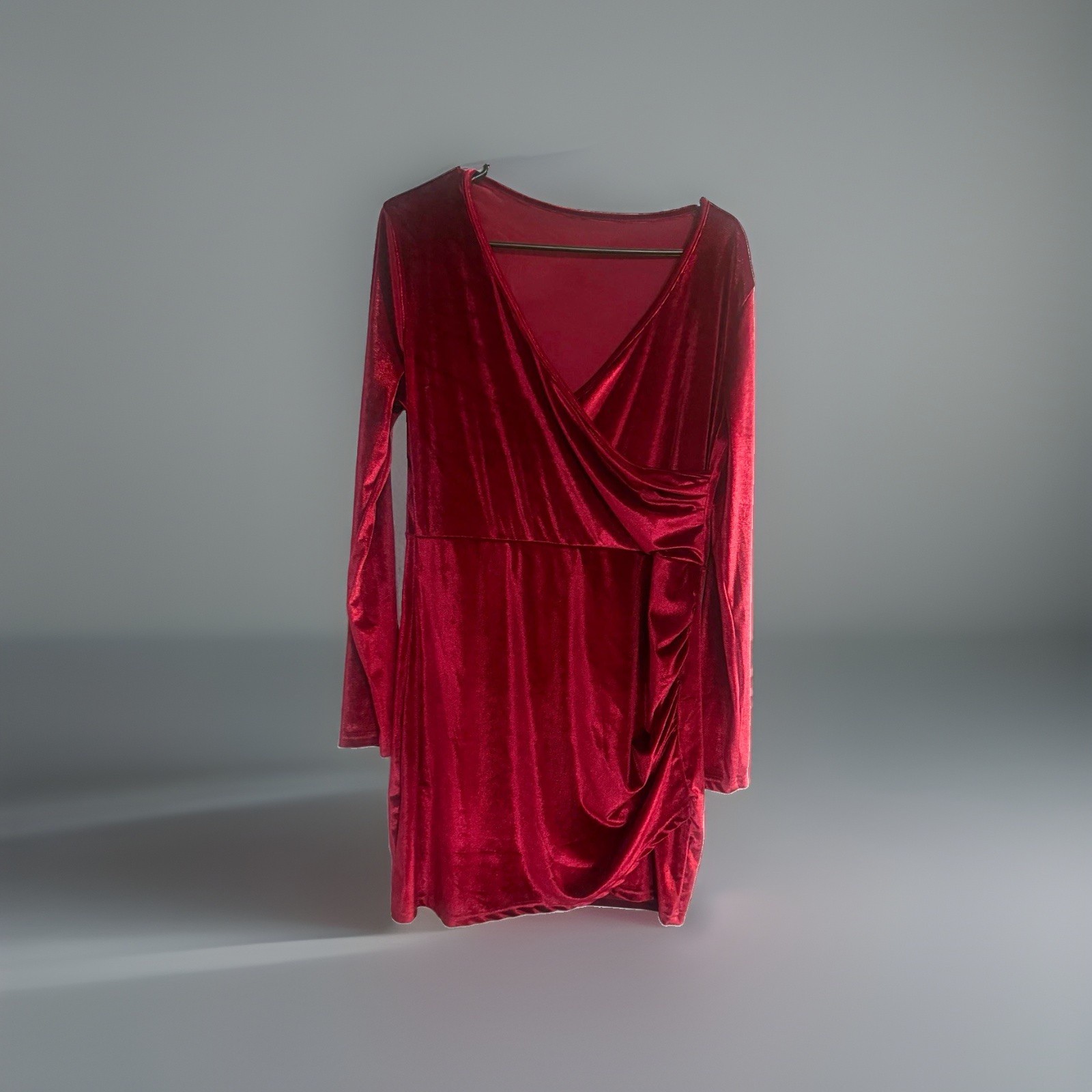 Red Velvet Ruched Wrap V-Neck Long Sleeve Stretch Bodycon Mini Dress 2XL