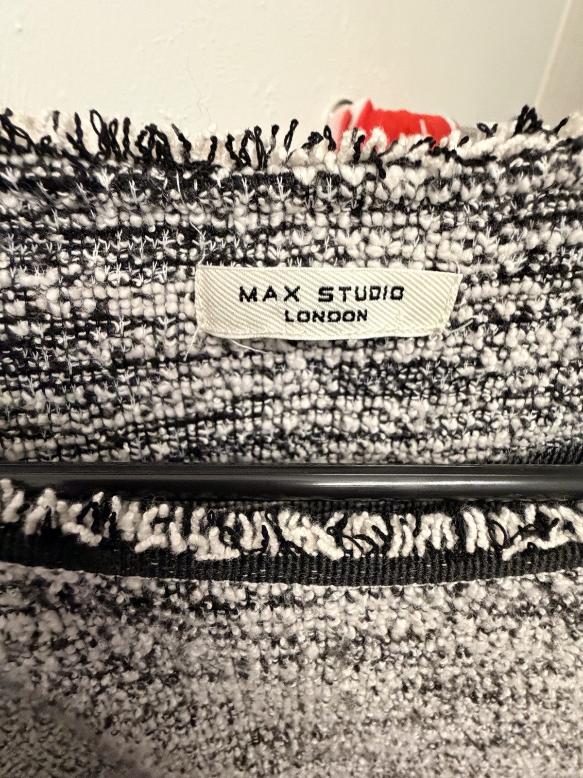 Max Studio London Black/White Tweed Fringe 3/4 Sleeve Round Neck Top M