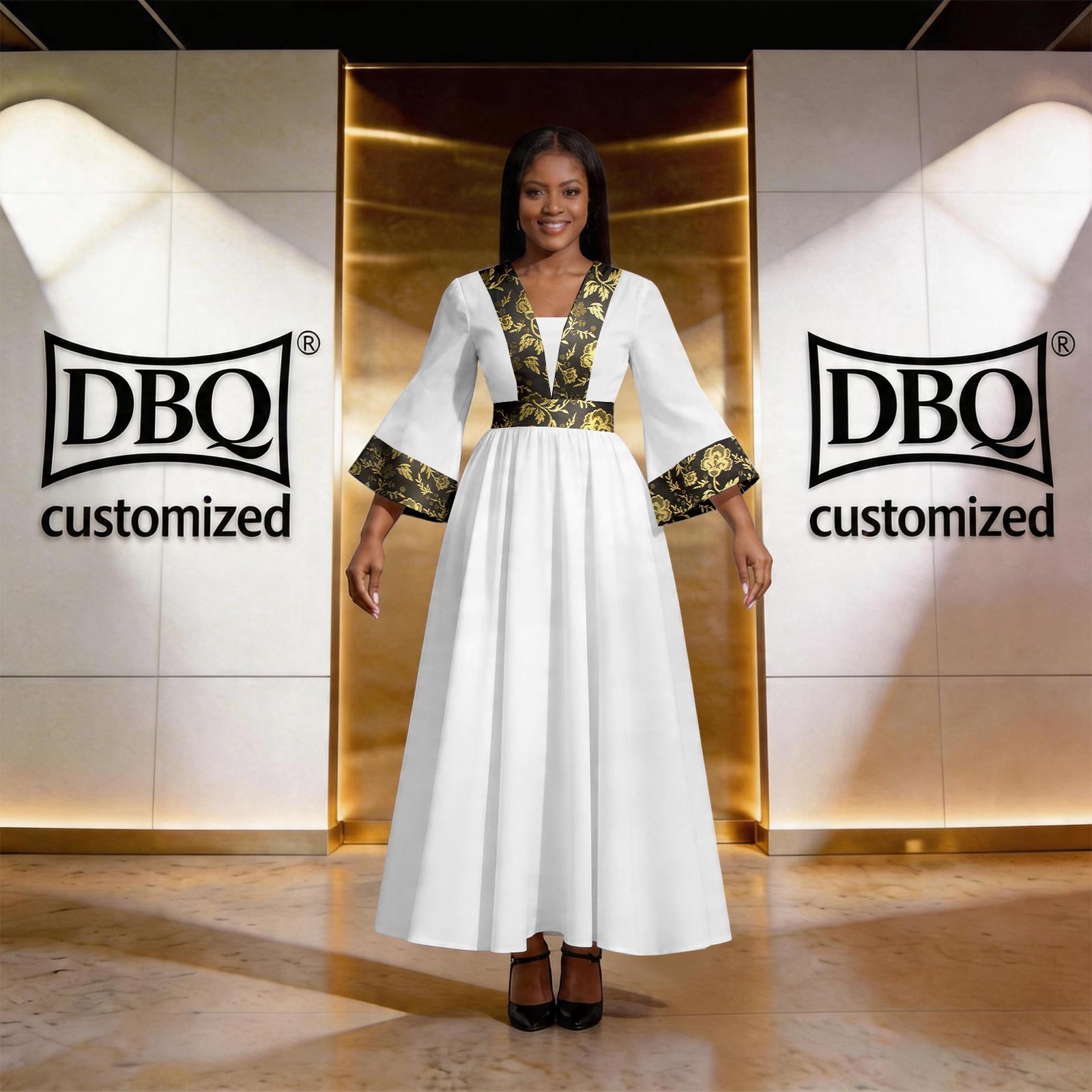 African Women Dress Custom Made Flare Sleeve Ankle Length Casual Patchwork Dress