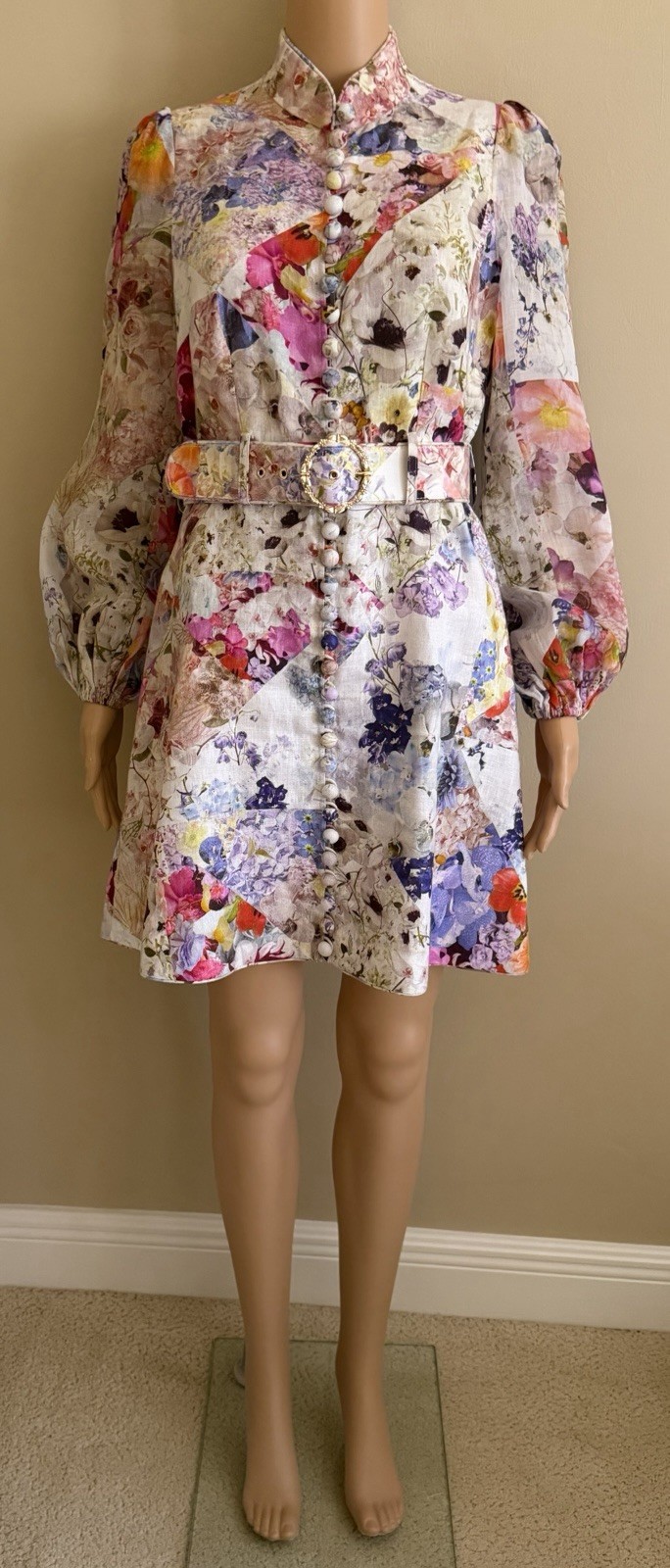 ZIMMERMANN Buttoned Floral Linen & Ramie Belted Mini Dress Size 1 AU, 4-6 US