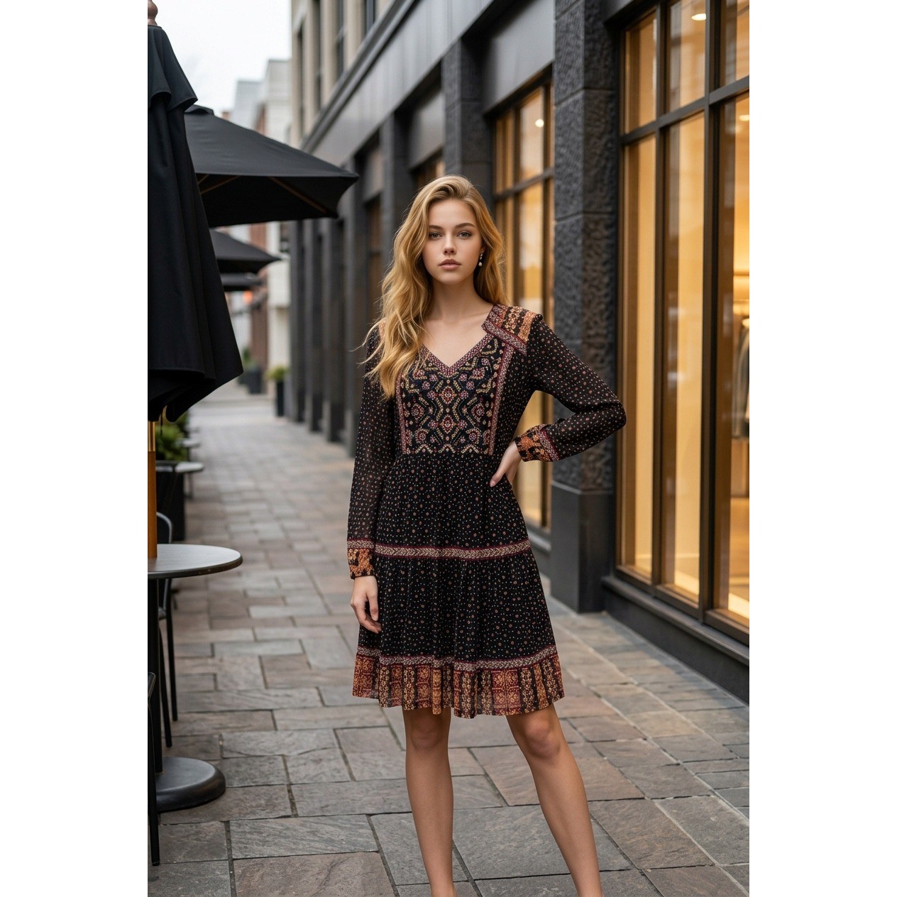 Style & Co Women’s Embroidered Beaded Tiered Mini Dress Black Long Sleeve Small
