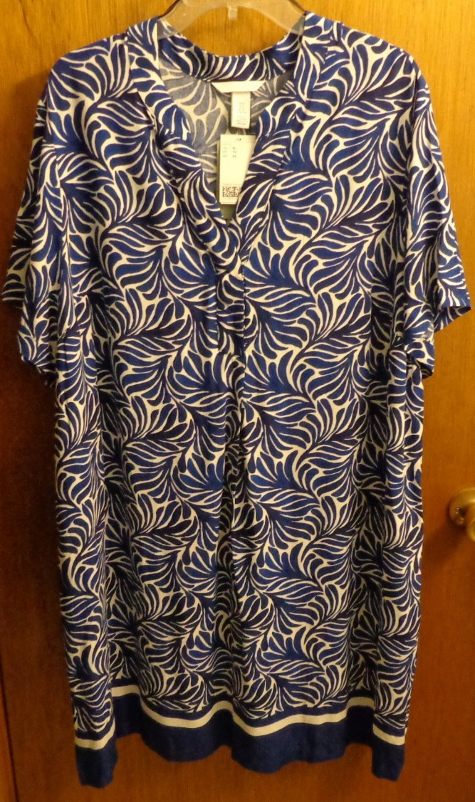 New H & M Blue White Geometric Leaves Tunic Dress Women XL 50″ chest
