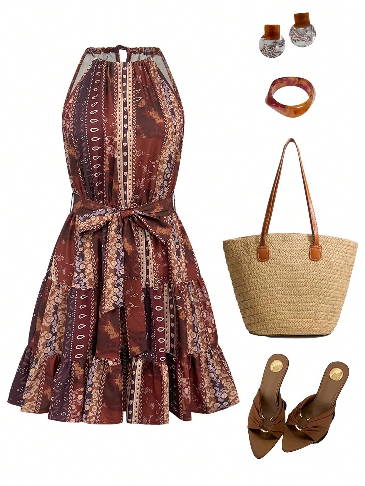 Bohemian Ruffle Hem Halter Neck Mini Dress