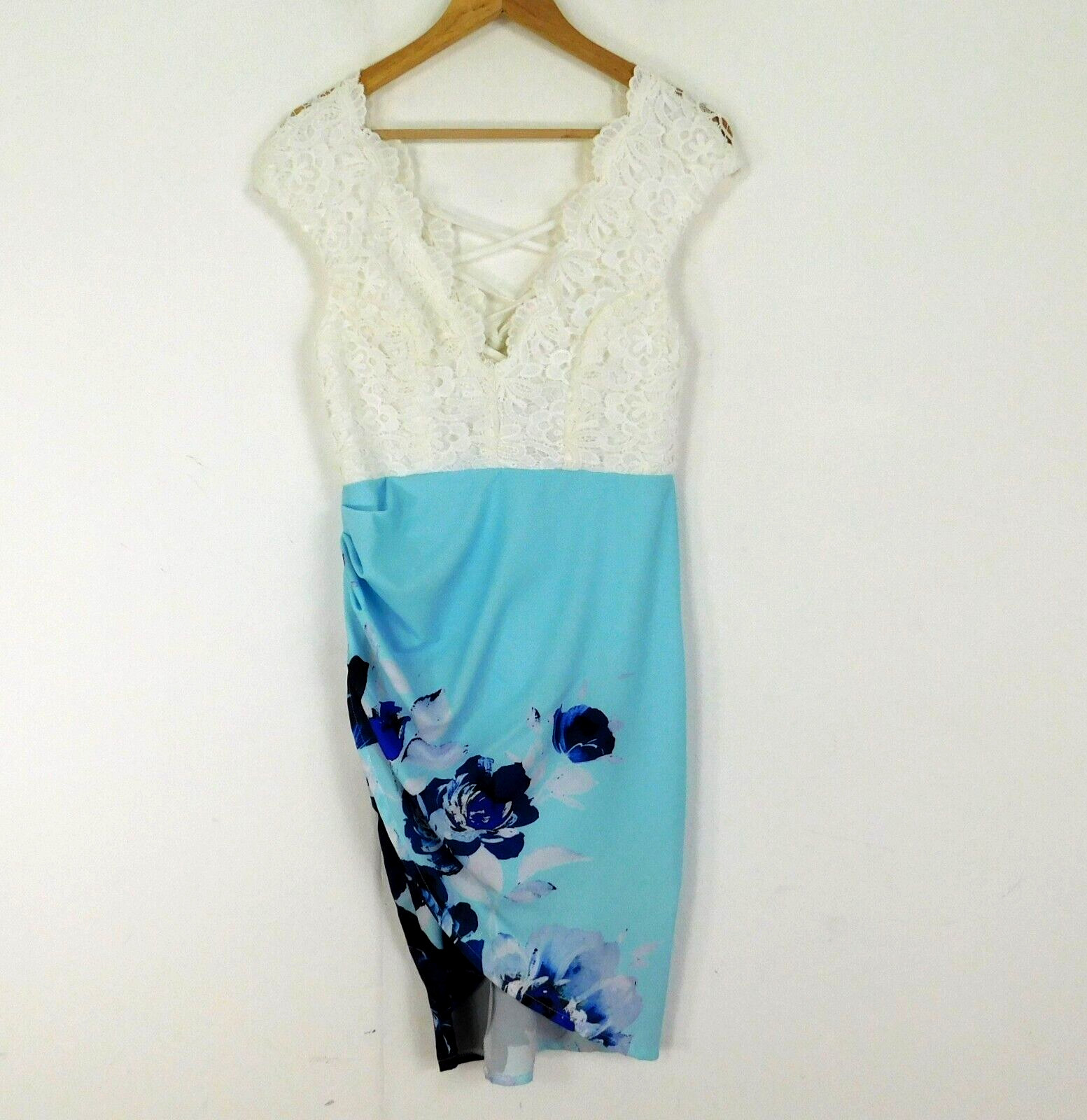 Ginger Fizz Blue & White Dress Size 12 Lace Gather Floral