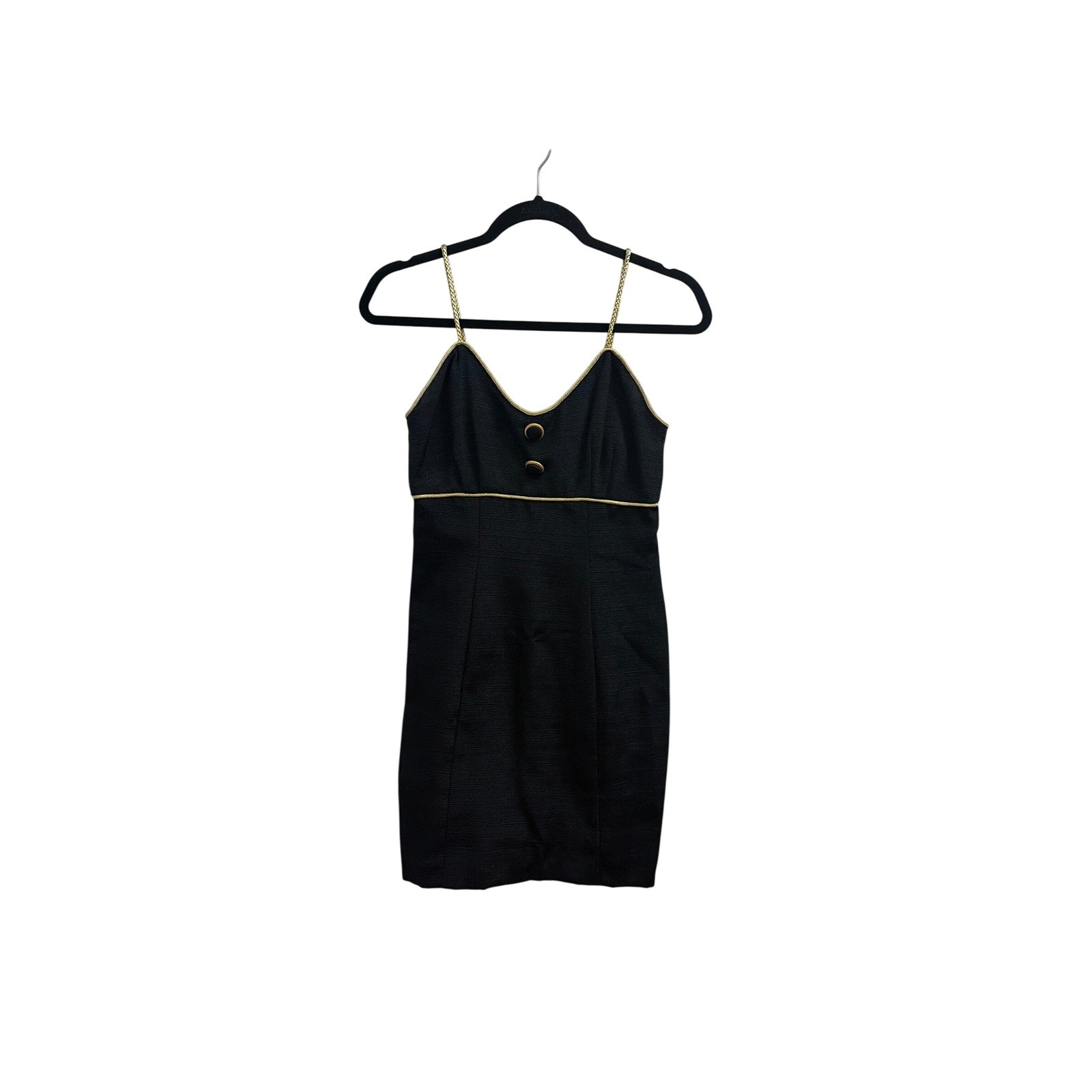 Vintage Betsey Johnson Black Ribbed Mini Dress Gold Braided Straps Accent Size P