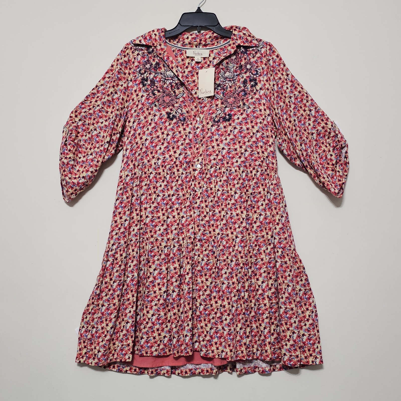 Nurture Dress Medium Yellow Brown Multicolor Shift Long Sleeves Front Button 934