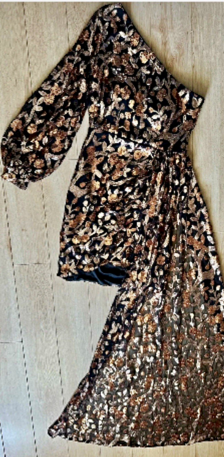 Black/Gold Sequin Animal Print Wide-Leg Jumpsuit V-Neck Long Sleeve Size S