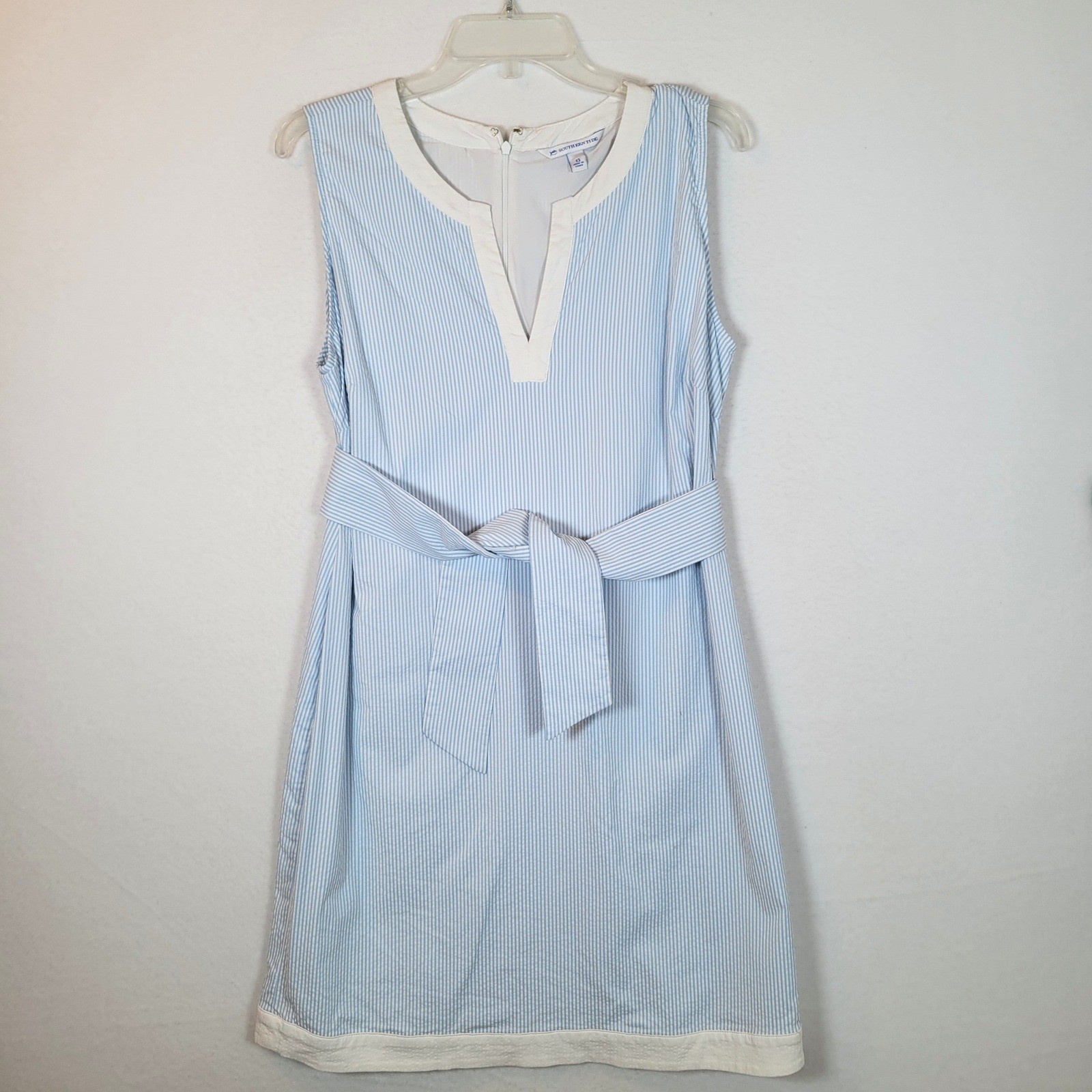 Southern Tide Womens Seersucker Striped Tank Belted Dress Size 12 Blue Preppy