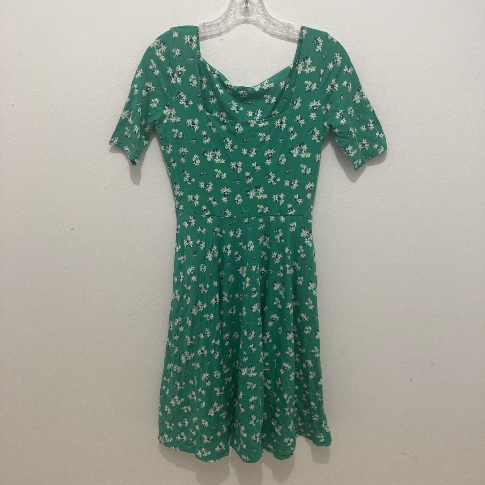 LAND’S END green white purple floral square neck jersey knit a-line dress XS