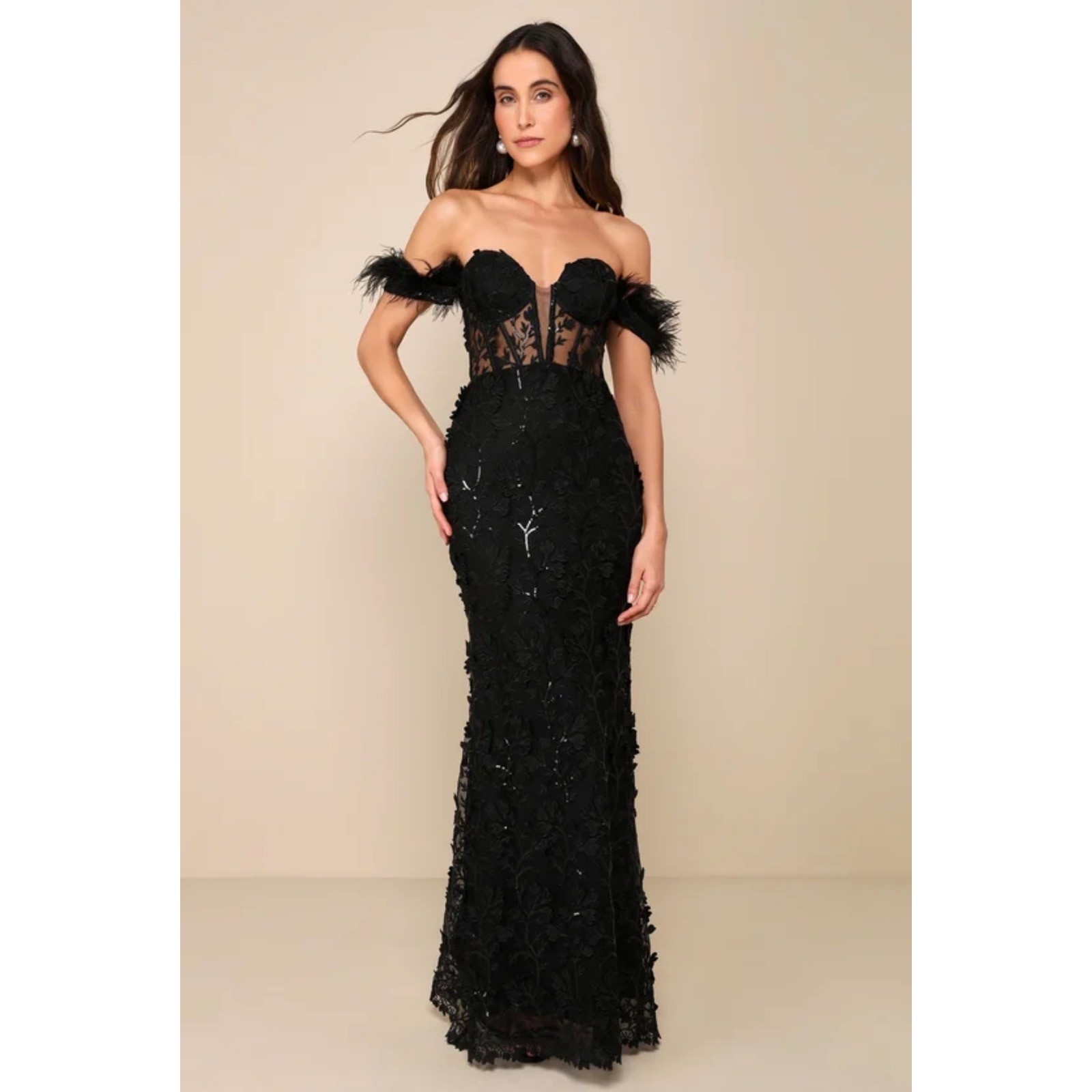 NWT Lulus Midnight Sparkle Black Embroidered Feather Bustier Maxi Dress M Formal