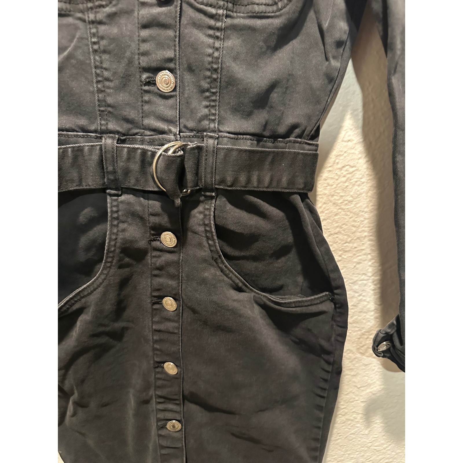 Parisian Black Denim Mini Dress Long Sleeve Button Front Belted Puff Shoulder 4