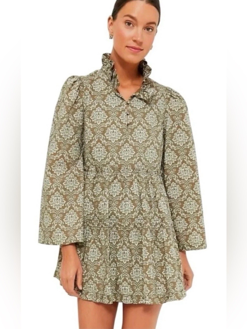 NWT Medium Tuckernuck Hyacinth House Bell Sleeve Tiered Mini Dress in Olive