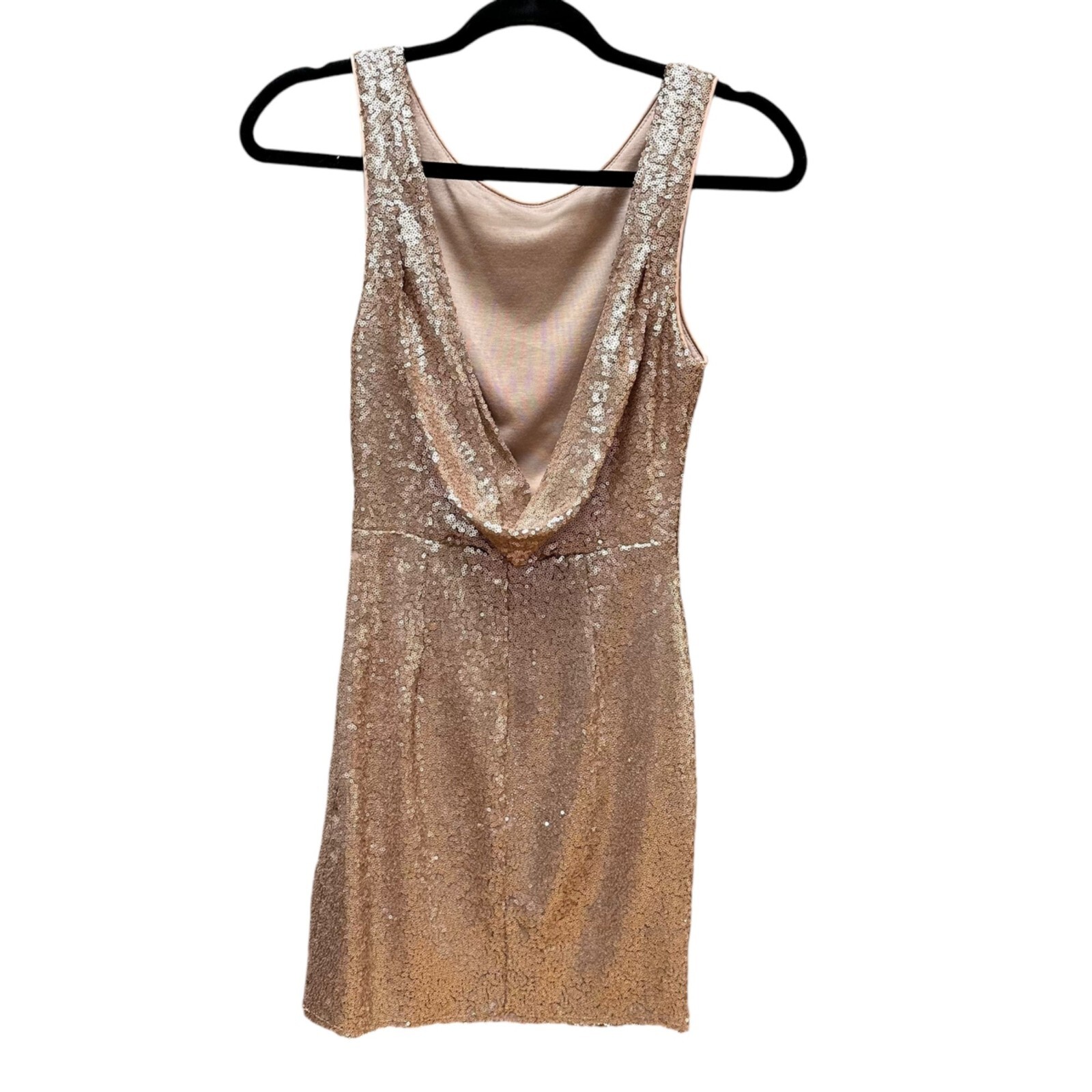 Lulus Dress Shine Time Rose Gold Sequin Cowl Neck & Back Holiday Wedding Size XS