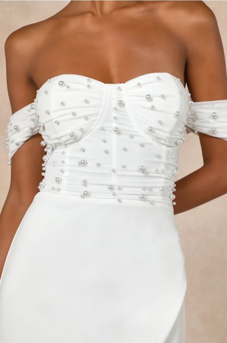 Lulus Immensely Charming White Mesh Pearl Bustier Maxi Dress Size S