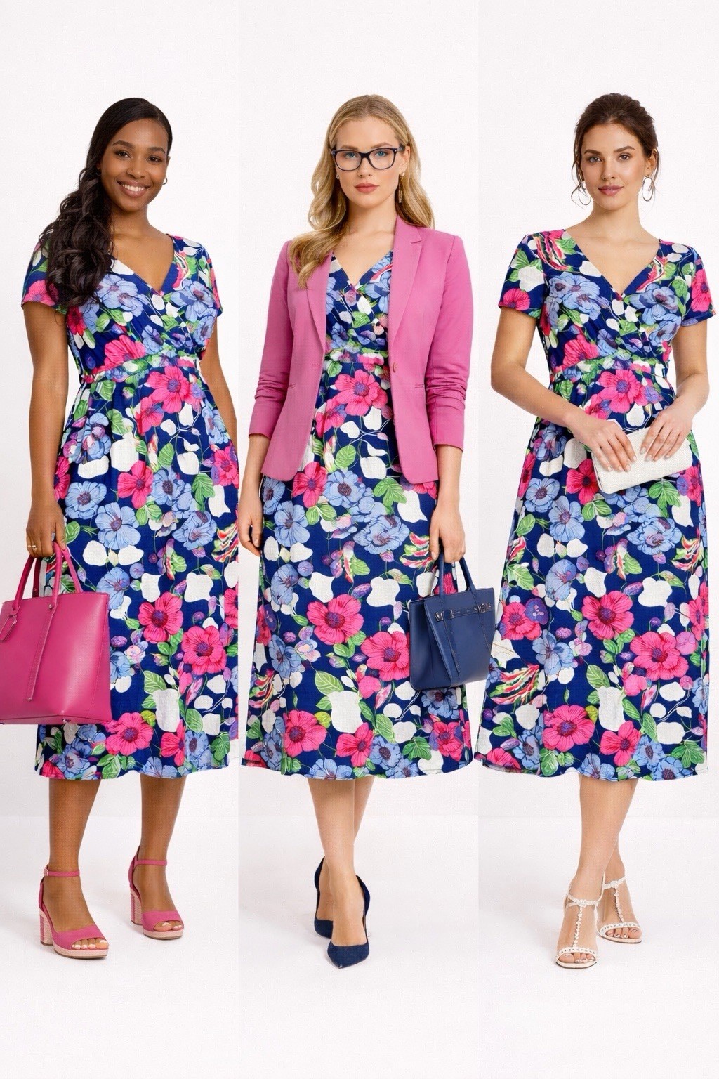 Perceptions NY Pink Blue Floral Midi Dress Sz L NWT Spring Easter Church Casual