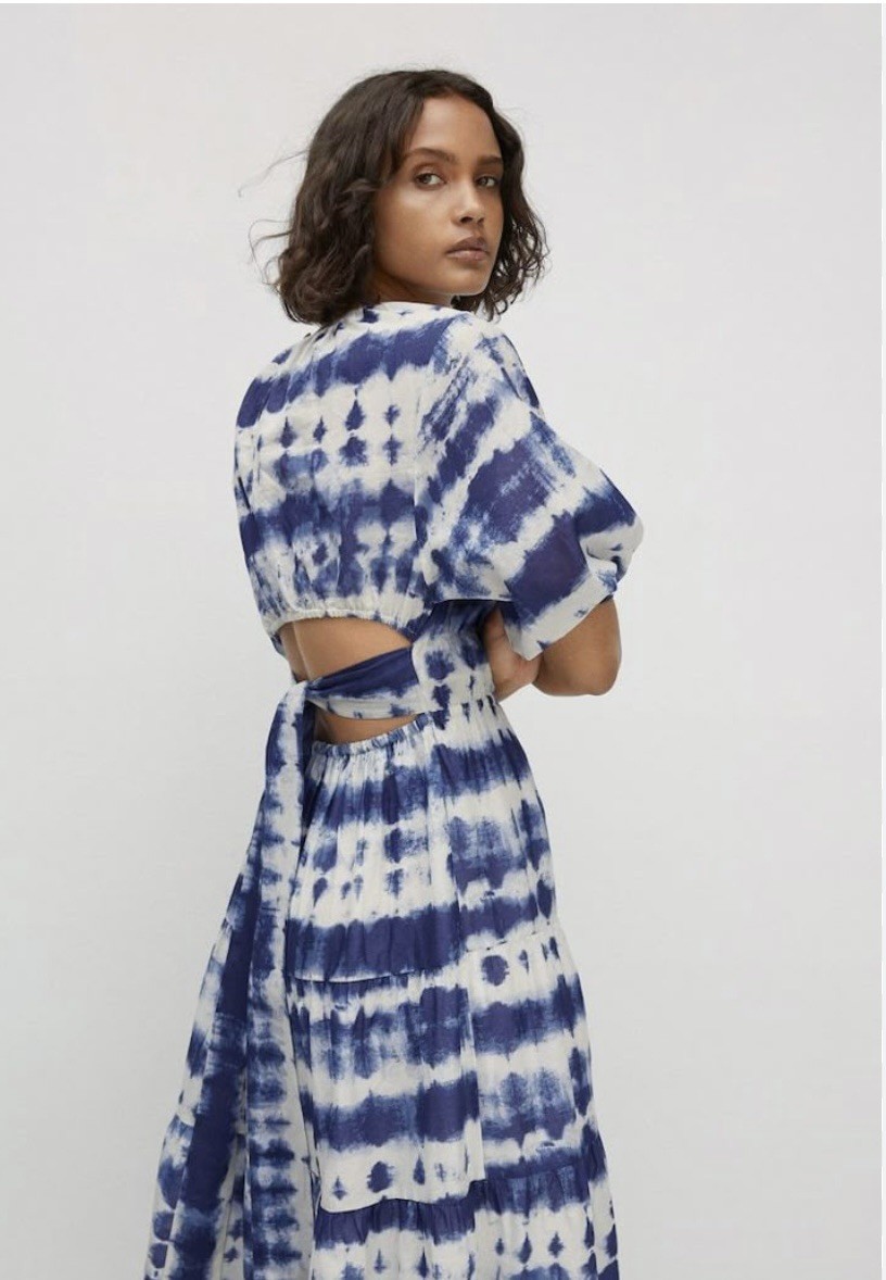 Mango MNG Blue Tie Dye Cotton Dress Open Back Cut Out Midi Dress