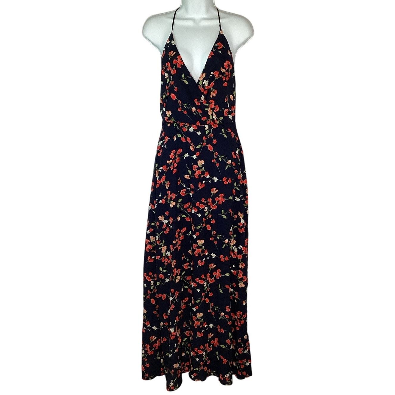 LUSH Floral Maxi Sundress Black Small Strappy V-Neck Wrap Look Side Slit Long