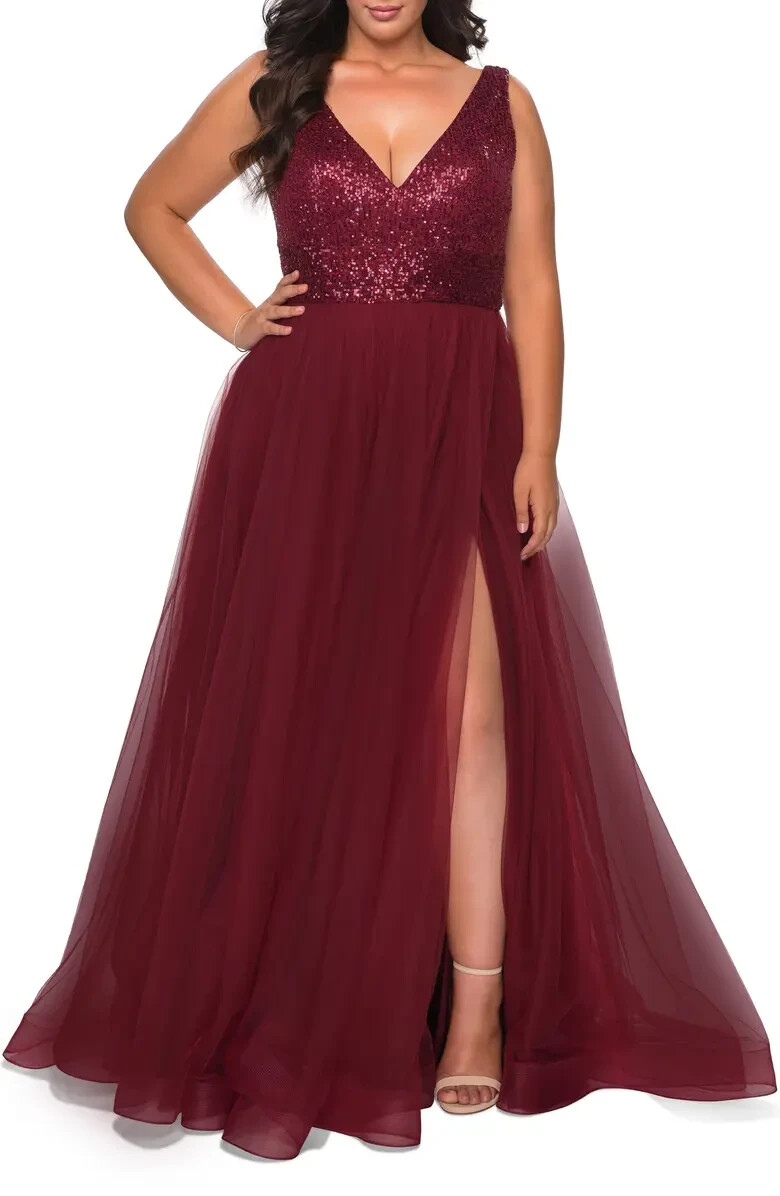 La Femme Curve Red Wine Sequin Bodice Tulle Ballgown Size 22 Orig $408 Prom