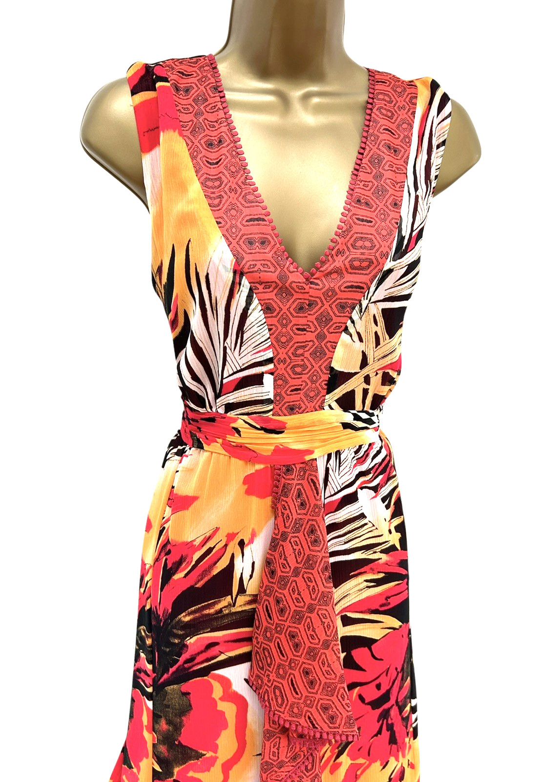 Per Una Maxi Dress Size 18 Long Orange Red Sleeveless Belted Full Length M&S