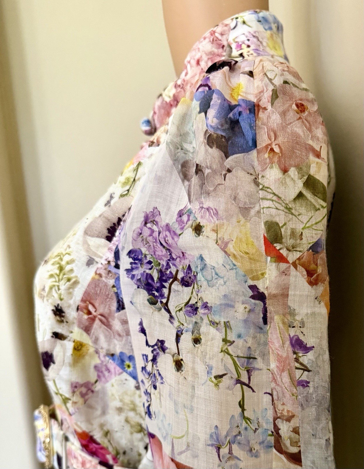 ZIMMERMANN Buttoned Floral Linen & Ramie Belted Mini Dress Size 1 AU, 4-6 US