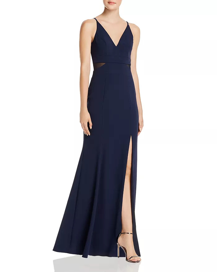 Aqua Women’s V-Neck Illusion Sleeveless Slit Gown Dress Blue 8